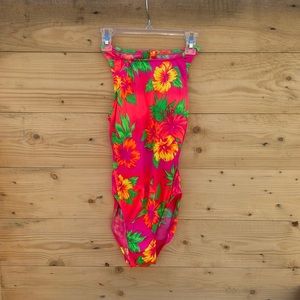 One piece size 10 Pink, orange, yellow and green floral print swimsuit.